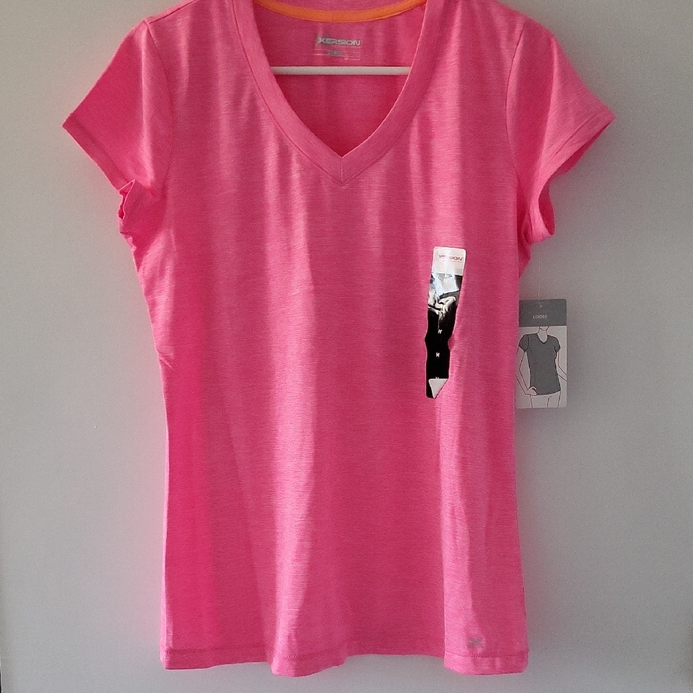 Xersion V-Neck Performance Short Sleeve Tee - Hot Pink